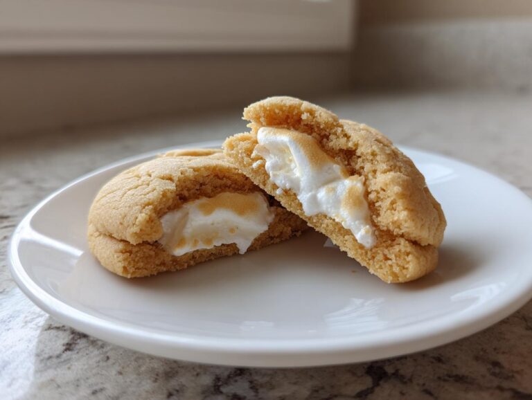 A peep stuffed easter cookie cut in half showing the gooey, toasted marshmallow filling inside the soft cookie.