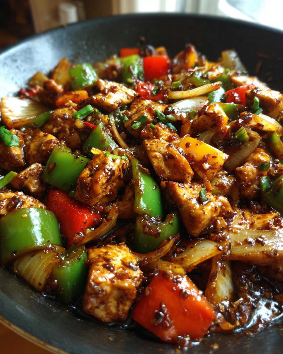 Close-up view of vibrant pepper chicken stir fry featuring chunks of chicken, green and red bell peppers, and onions coated in a dark sauce.
