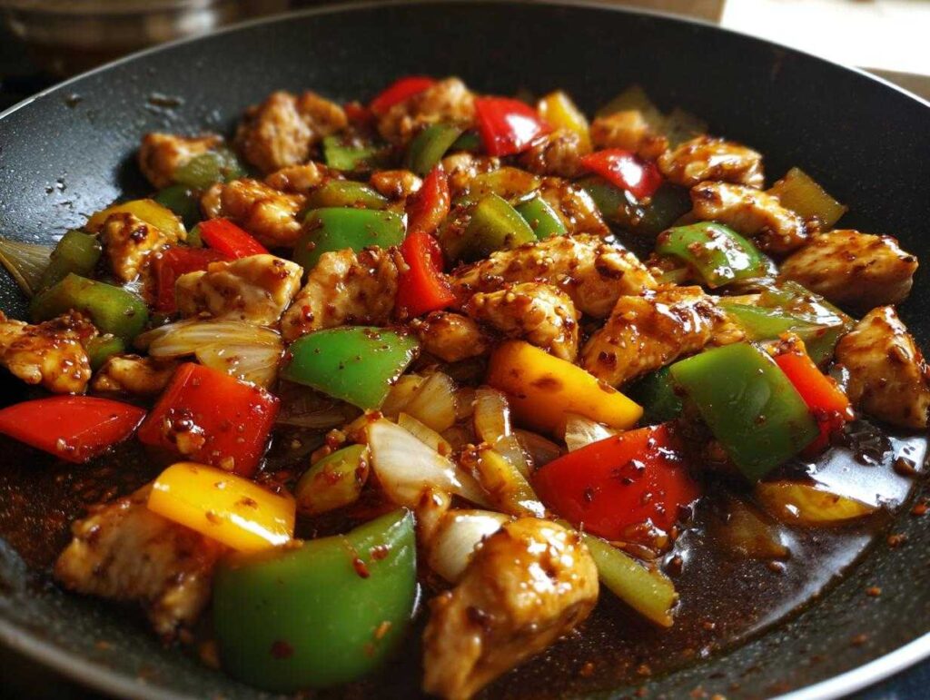 Close-up of colorful pepper chicken stir fry with chunks of chicken, red, green, and yellow peppers, and onions coated in a dark sauce.