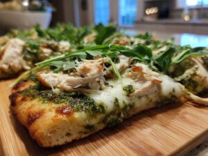 A close-up view of a thick slice of pesto chicken flatbread topped with melted cheese, shredded chicken, and fresh arugula.
