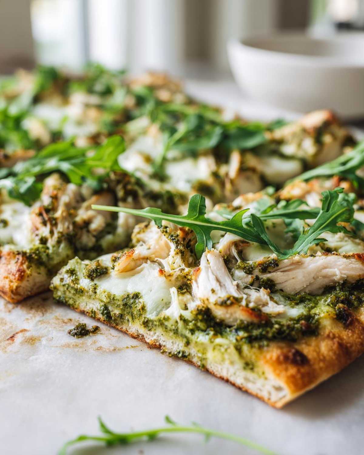 Close-up of a slice of pesto chicken flatbread topped with melted mozzarella and fresh arugula.