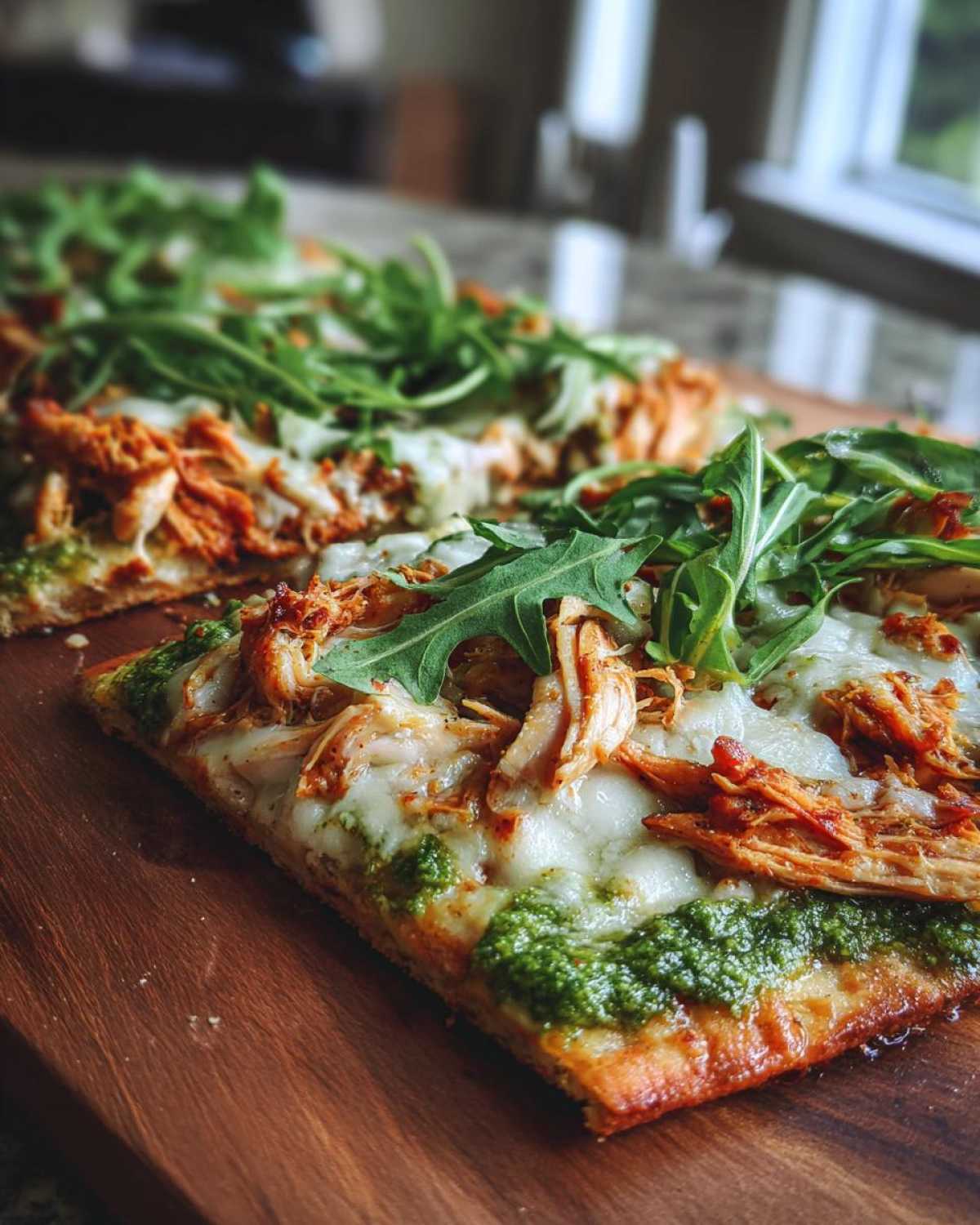 Close-up of two slices of pesto chicken flatbread topped with melted cheese, shredded chicken, and fresh arugula.