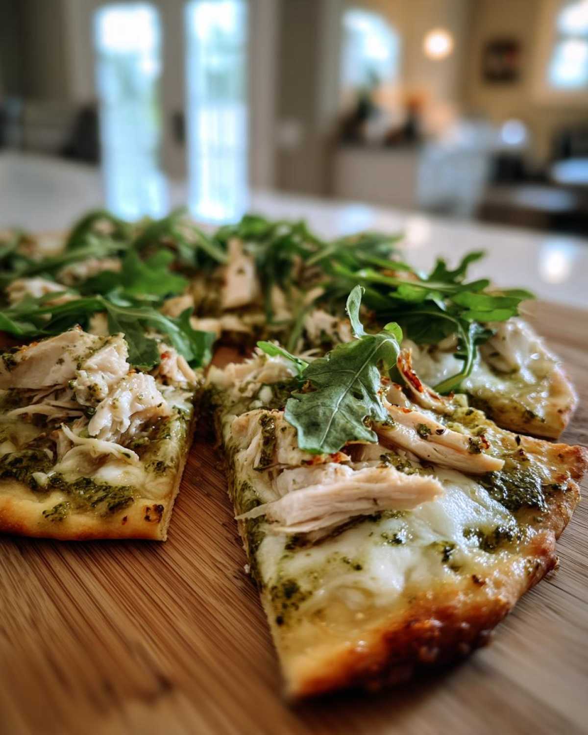 Close-up of a sliced pesto chicken flatbread topped with melted cheese and fresh arugula, resting on a wooden cutting board.