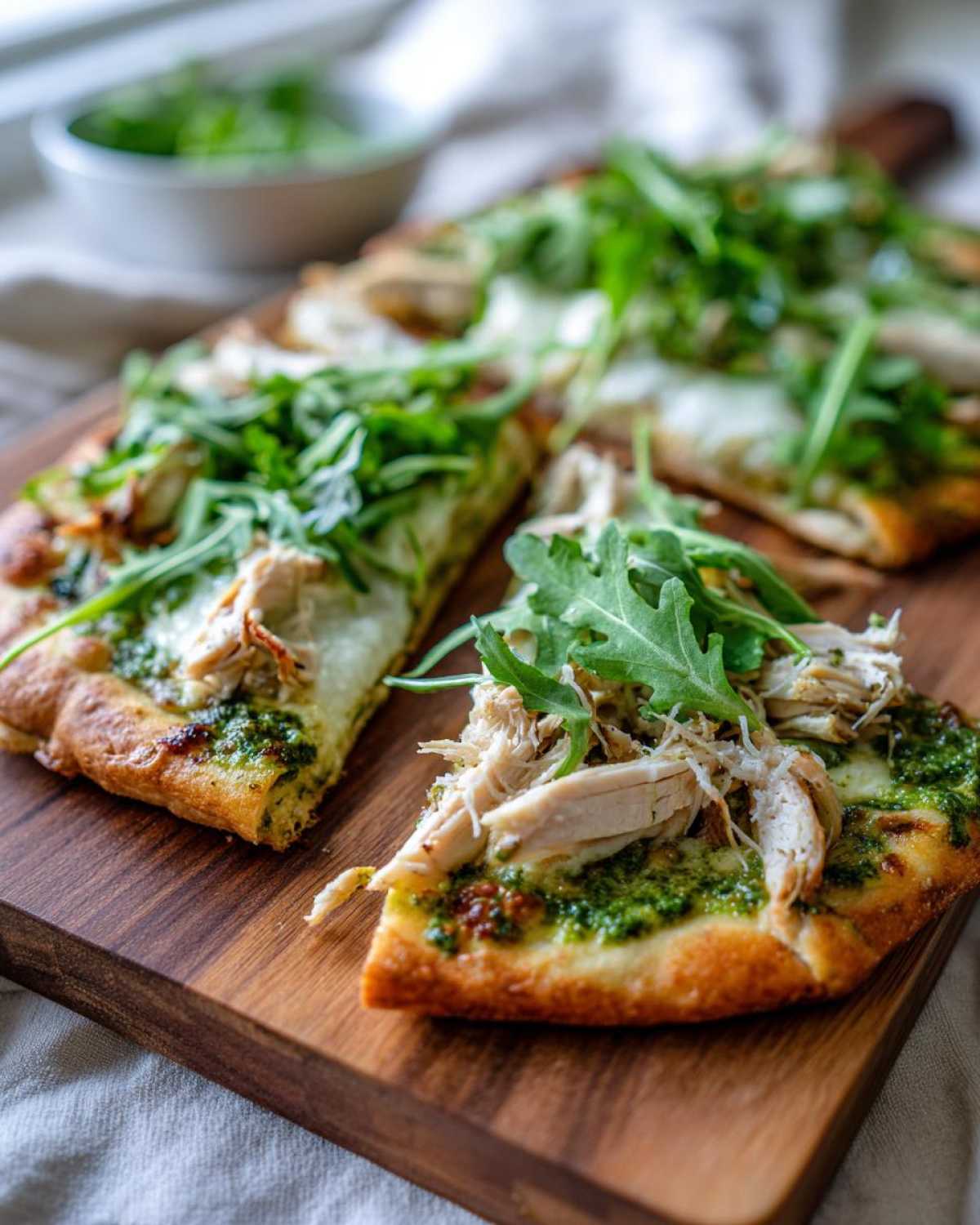 Close-up of sliced pesto chicken flatbread topped with shredded chicken, mozzarella, and fresh arugula on a wooden board.