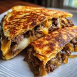 Close-up of two halves of a grilled philly cheesesteak quesadillas showing melted cheese, steak, and caramelized onions.
