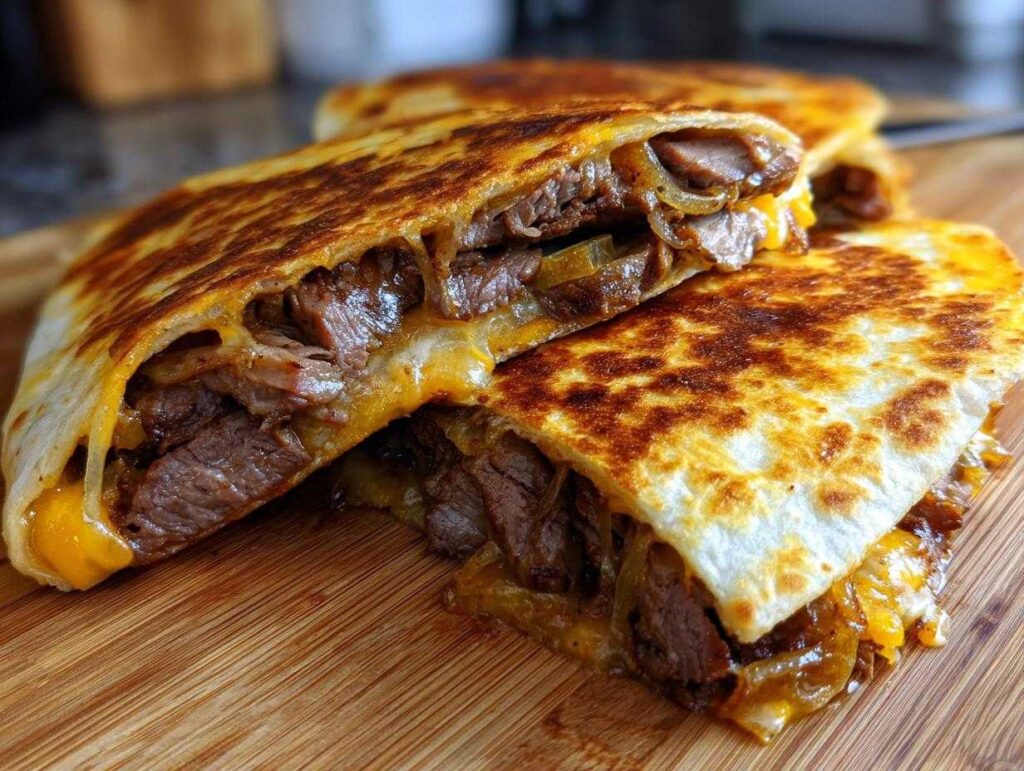 Close-up of a crispy, golden-brown philly cheesesteak quesadillas cut in half, showing steak, onions, and melted cheese.