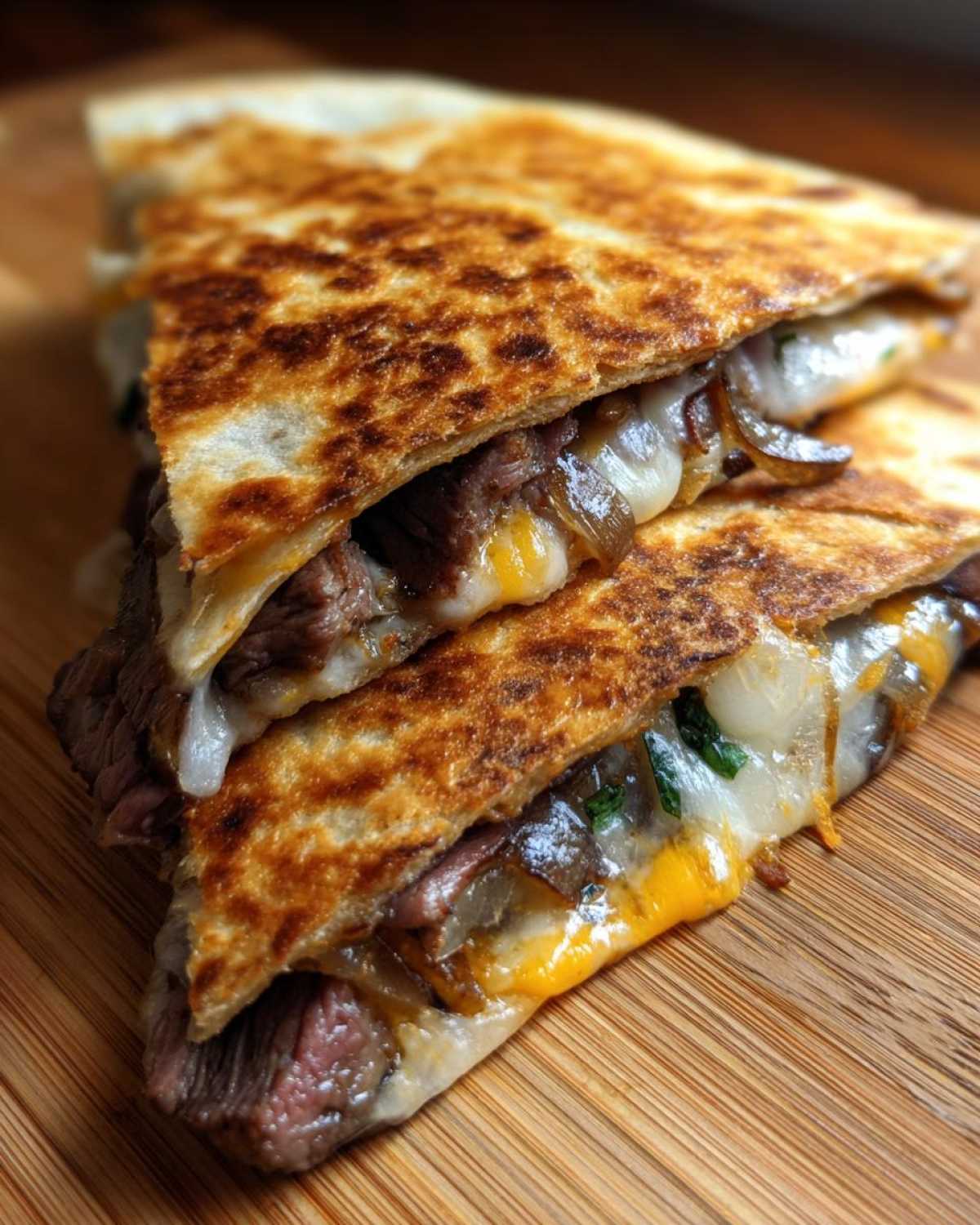 Close-up of stacked, golden-brown Philly cheesesteak quesadillas oozing with melted cheese, steak, and onions.