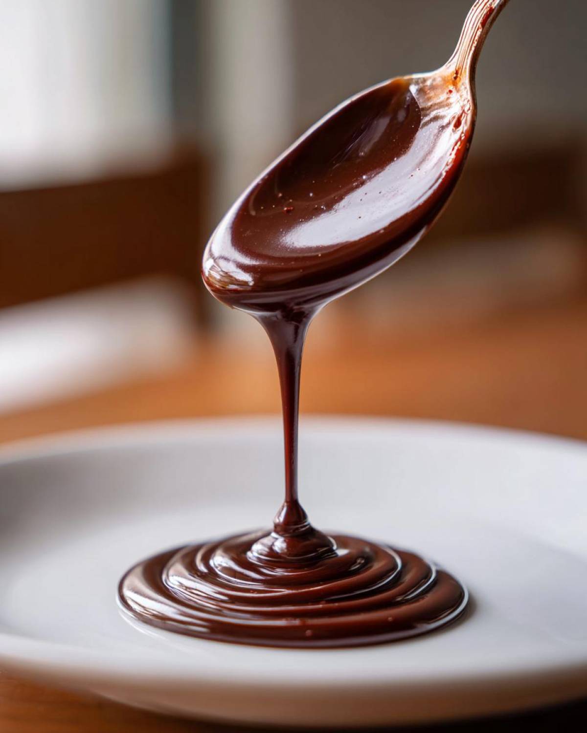 A spoonful of thick, glossy homemade chocolate syrup drips down onto a white plate, creating concentric circles.