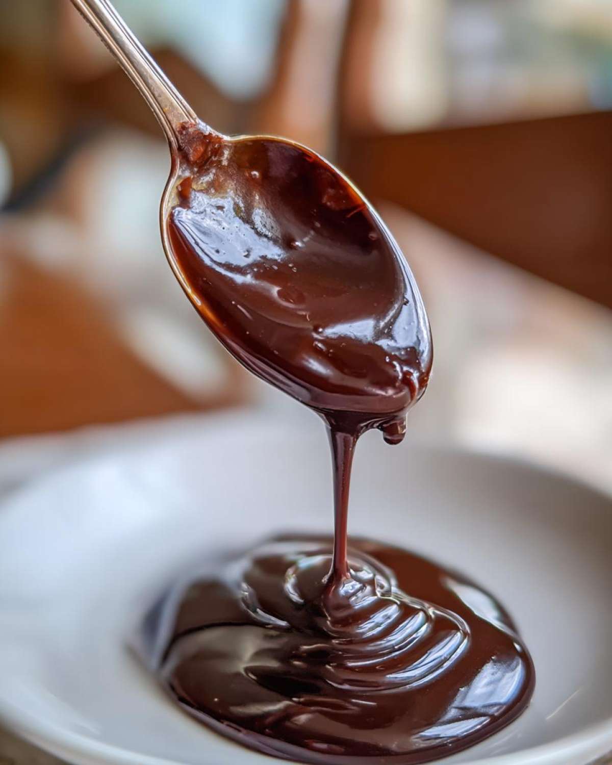 A spoonful of thick, glossy homemade chocolate syrup is being poured onto a white plate, showing its rich texture.
