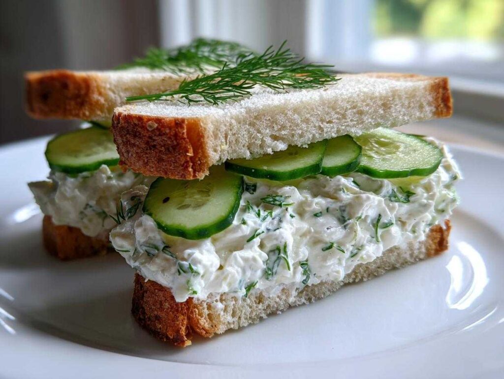 A stacked half of quick cucumber salad sandwiches featuring creamy filling, fresh cucumber slices, and dill on white bread.