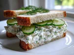 A stacked half of quick cucumber salad sandwiches featuring creamy filling, fresh cucumber slices, and dill on white bread.