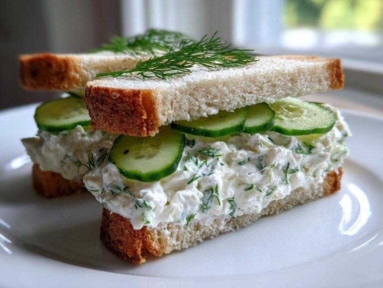 A stacked half of quick cucumber salad sandwiches featuring creamy filling, fresh cucumber slices, and dill on white bread.