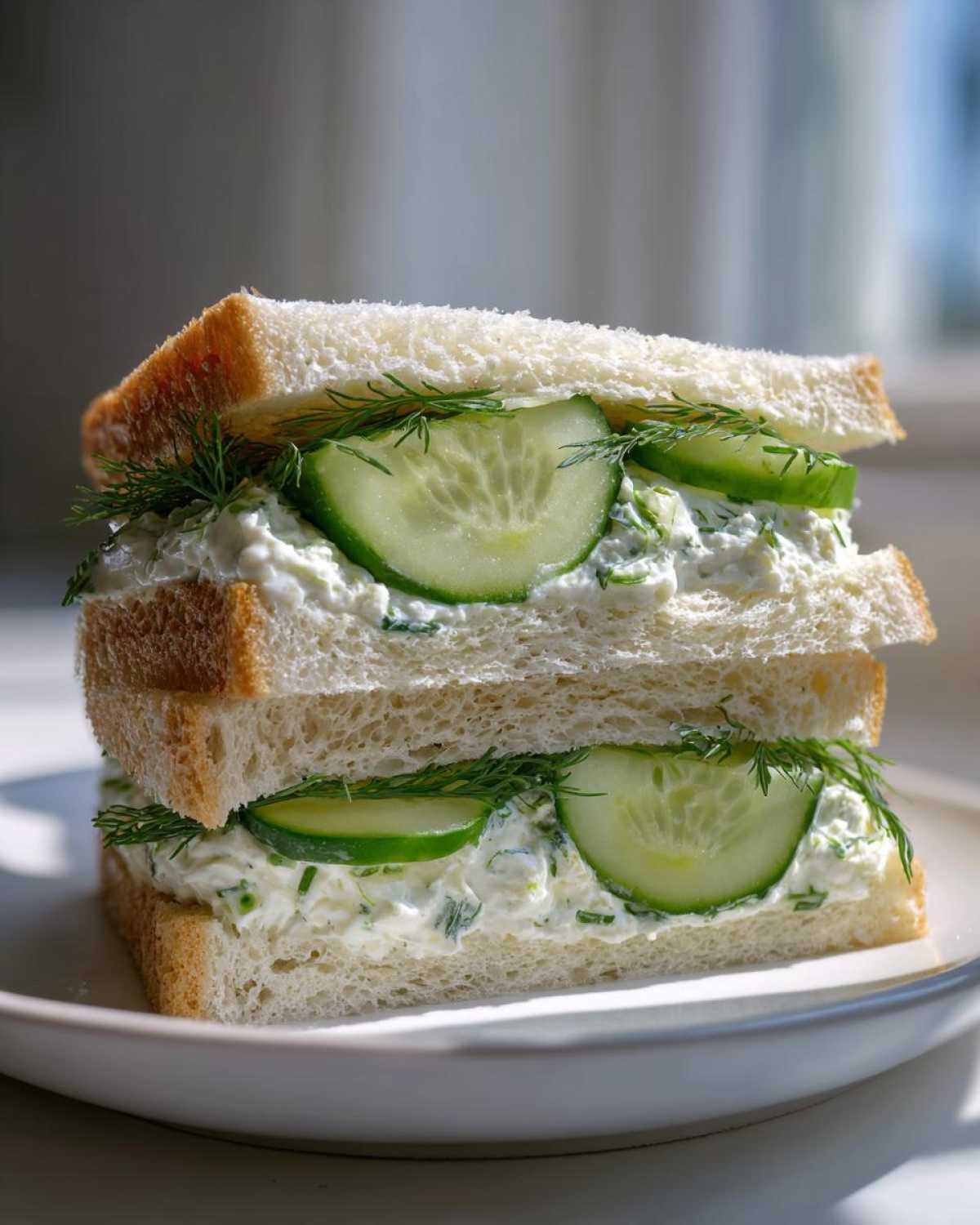 A stacked, halved quick cucumber salad sandwiches featuring creamy filling, fresh cucumber slices, and dill on white bread.