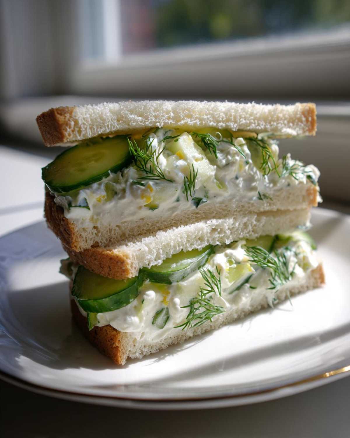 Two halves of a quick cucumber salad sandwich stacked on a white plate, showing creamy filling, cucumber slices, and fresh dill.