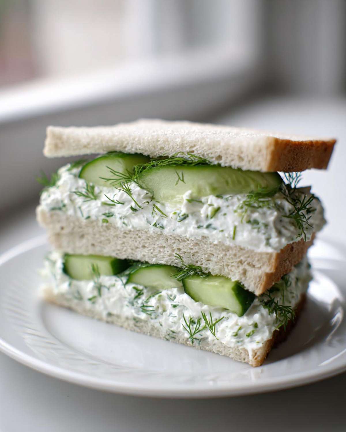 A stacked, crustless quick cucumber salad sandwiches filled with creamy dill spread and sliced cucumbers on a white plate.