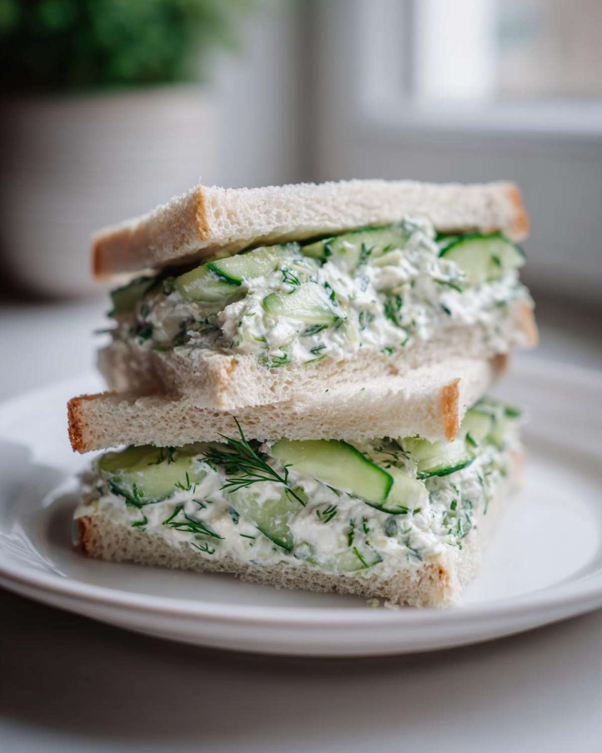 Two halves of a stacked sandwich filled with creamy cucumber salad and fresh dill, perfect for quick cucumber salad sandwiches.