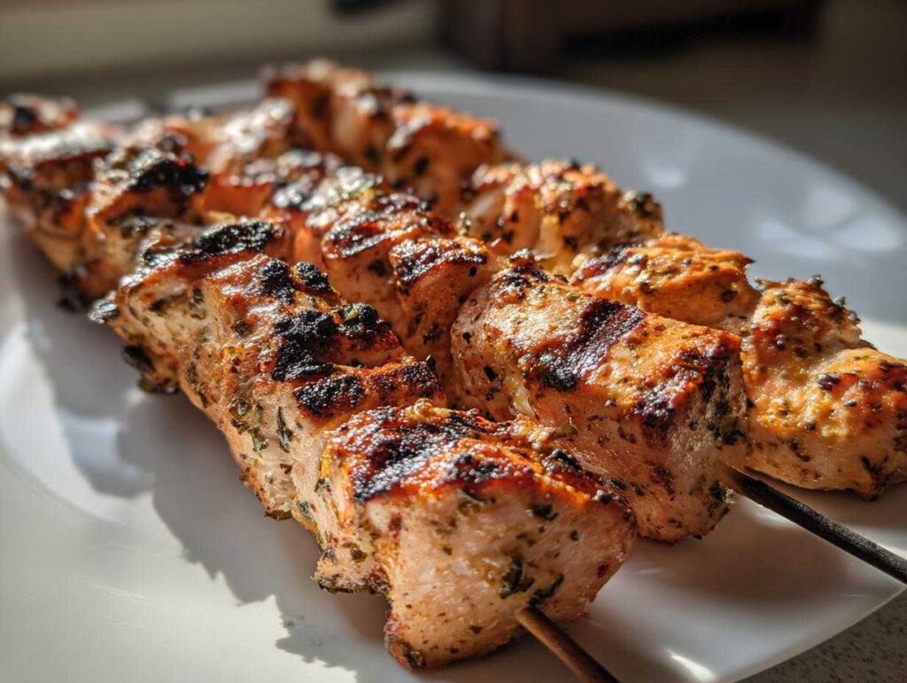 Close-up of perfectly grilled ranch garlic parmesan chicken skewers resting on a white plate, showing char marks and herbs.