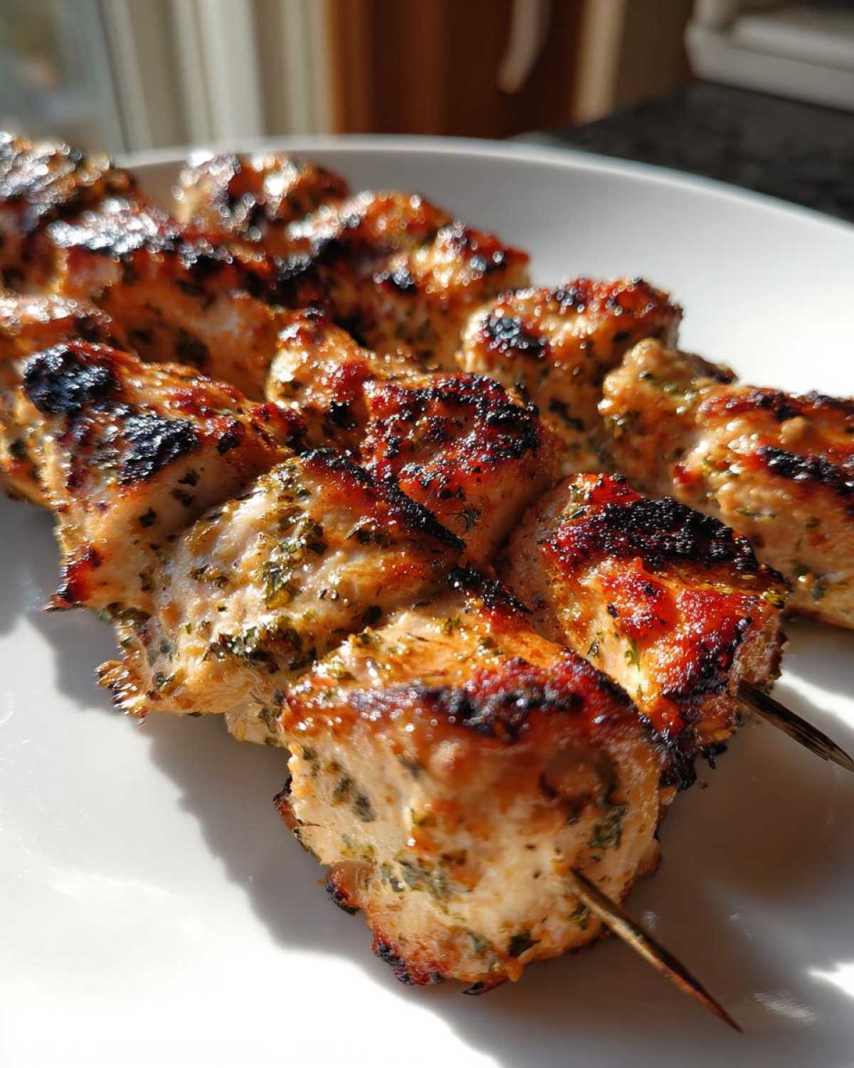 Close-up of perfectly grilled ranch garlic parmesan chicken skewers resting on a white plate, showing char marks.