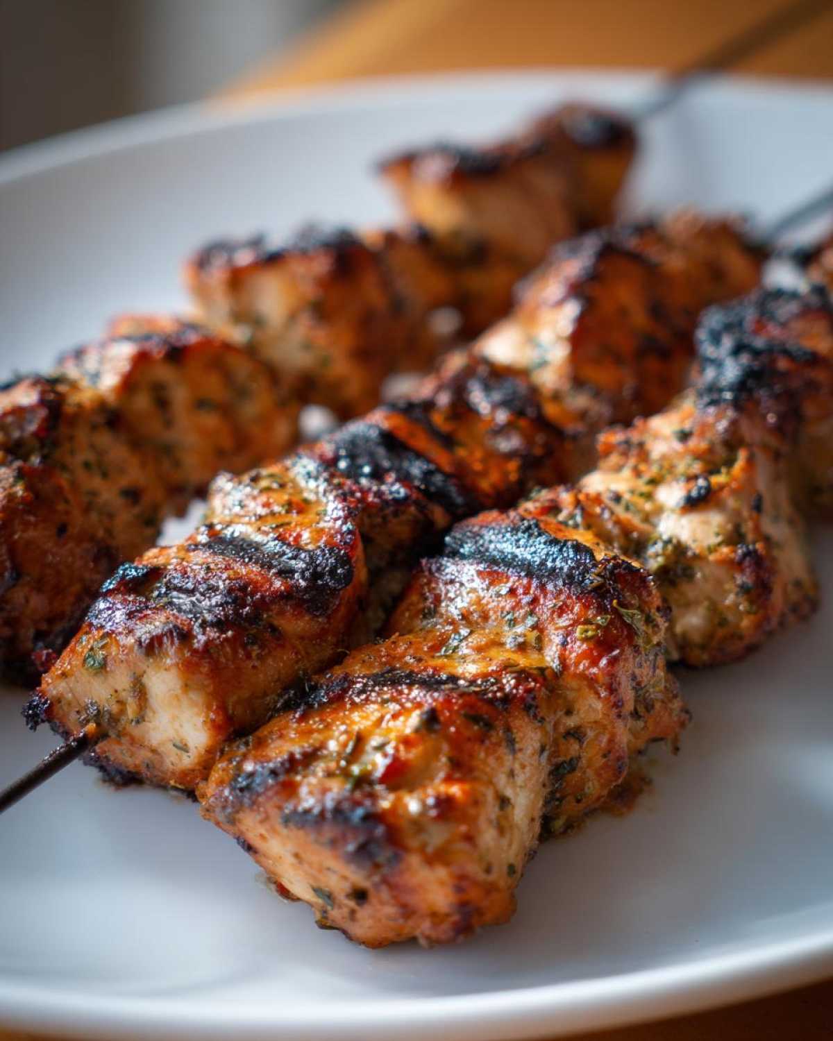 Close-up of perfectly grilled ranch garlic parmesan chicken skewers with visible char marks on a white plate.