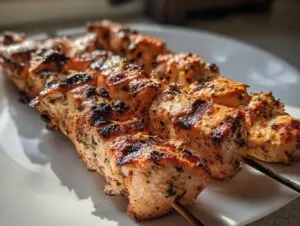 Close-up of perfectly grilled ranch garlic parmesan chicken skewers resting on a white plate, showing char marks and herbs.