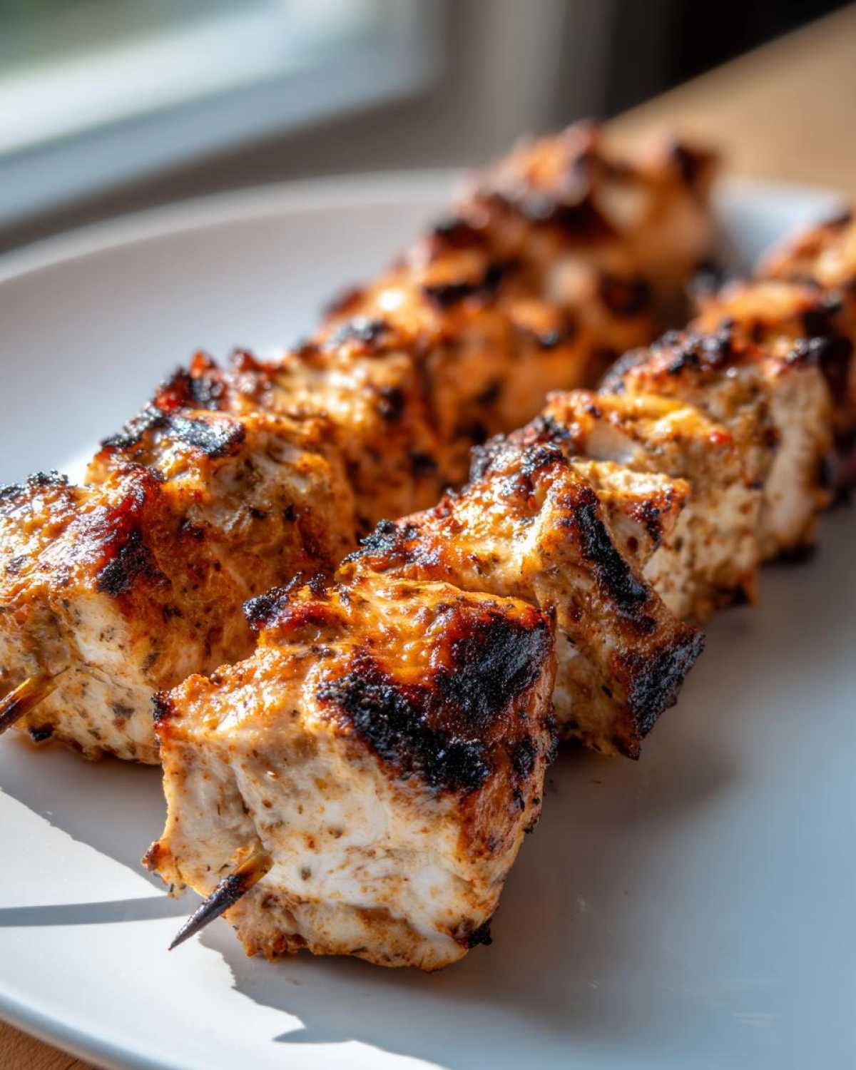 Close-up of perfectly grilled ranch garlic parmesan chicken skewers with charred edges resting on a white plate.