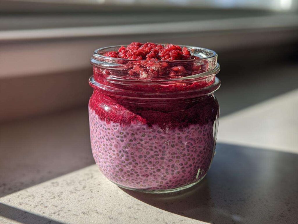 Close-up of layered raspberry chia pudding texture in a glass jar, topped with crushed raspberries.
