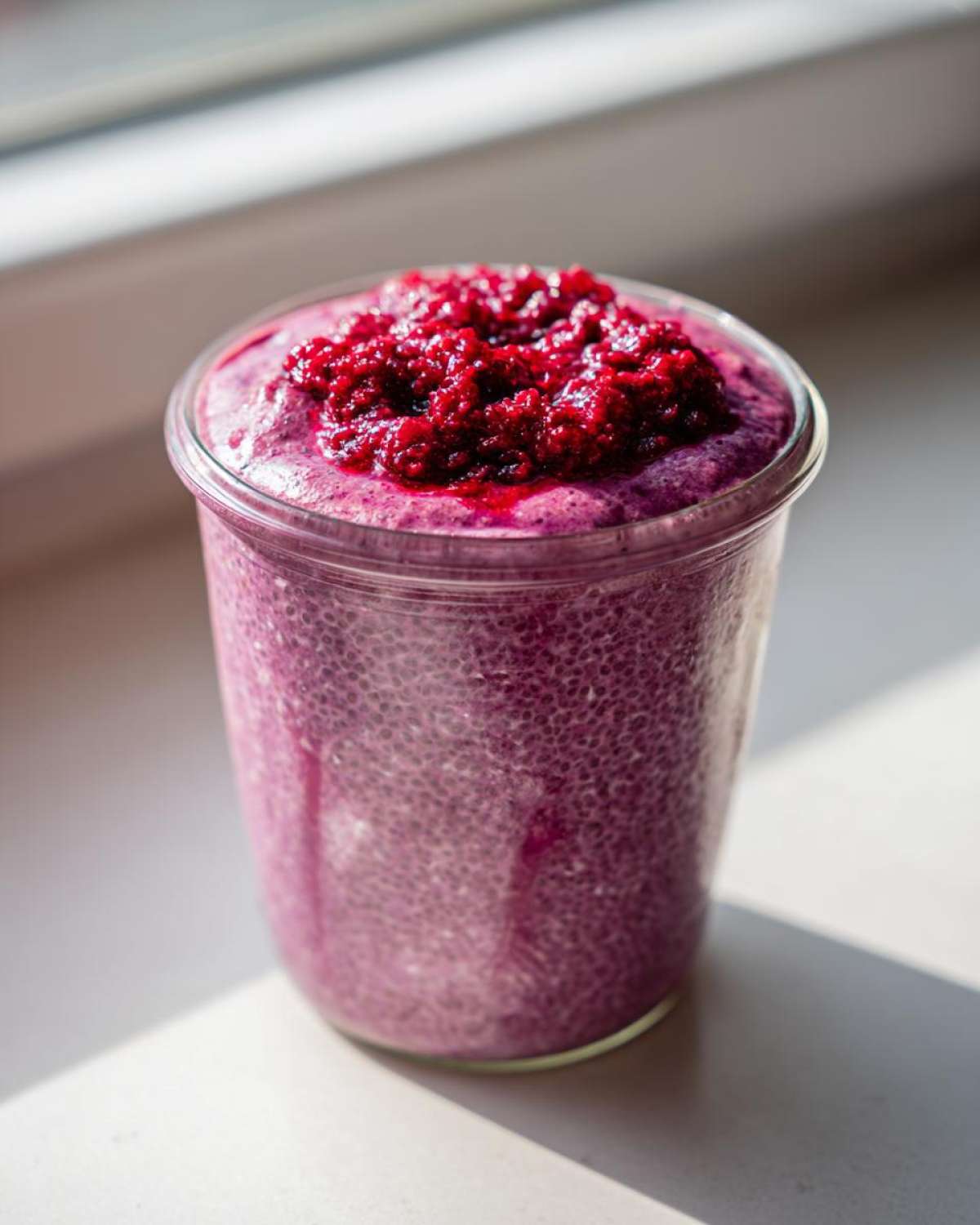 Close-up view showing the texture of raspberry chia pudding topped with crushed raspberries.