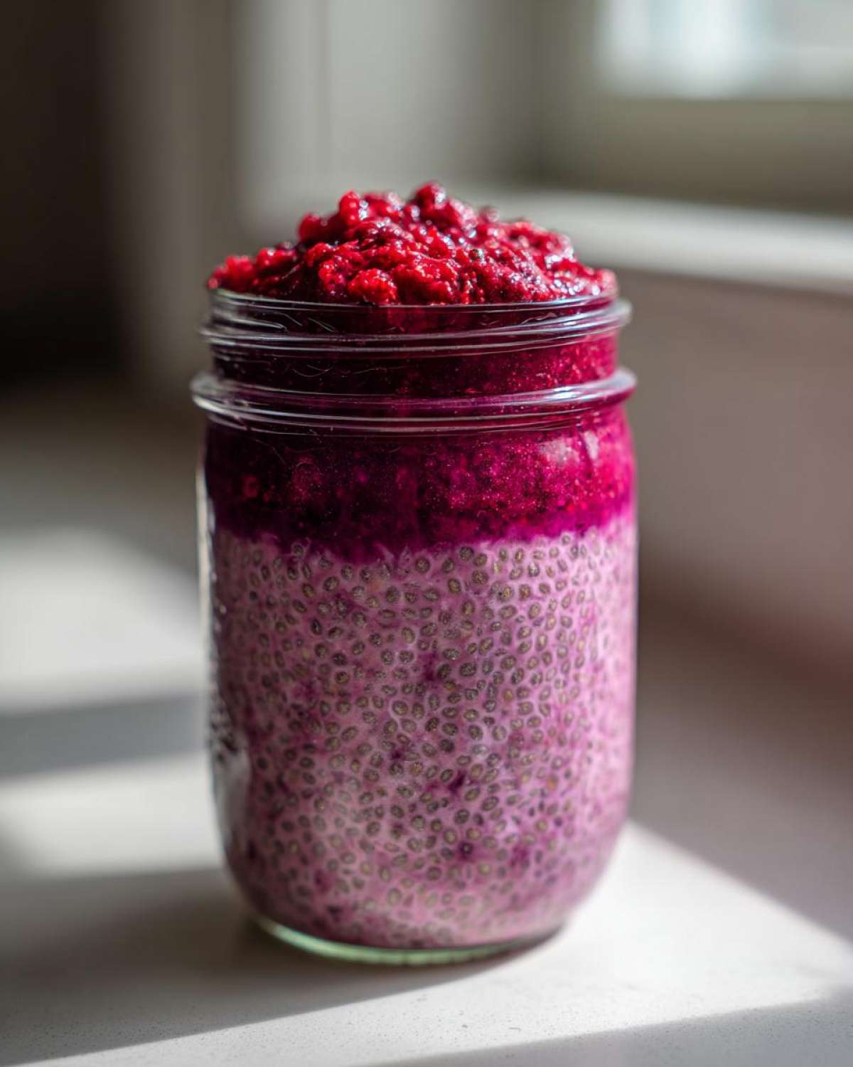 Close-up view showing the layered texture of raspberry chia pudding in a glass jar, topped with fresh raspberries.