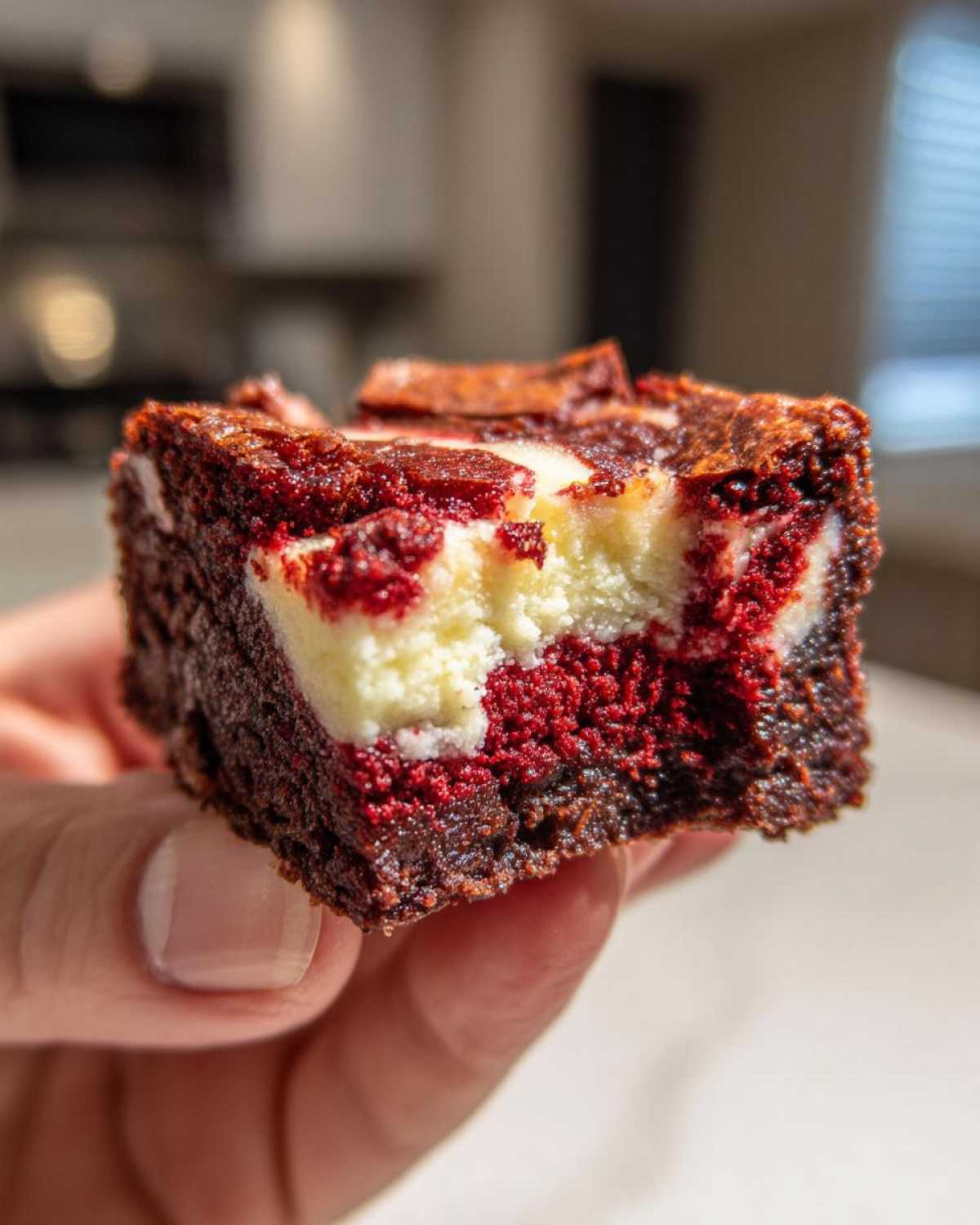 A hand holding a single, rich red velvet brownie bites square featuring a visible cream cheese swirl texture.
