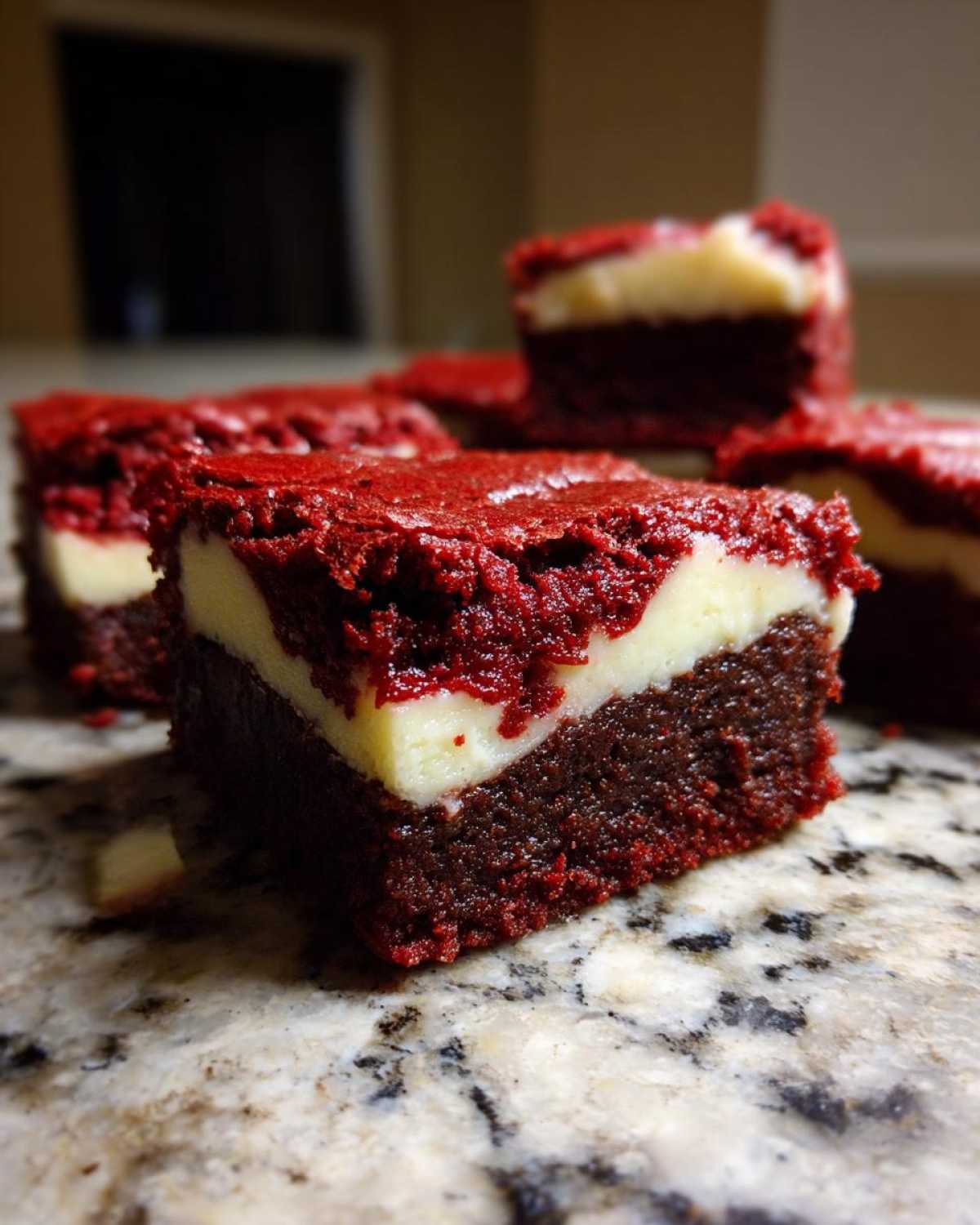 A close-up of a rich, dark red velvet brownie bites square featuring a creamy white cheesecake layer, showcasing the texture of the red velvet brownie bites.