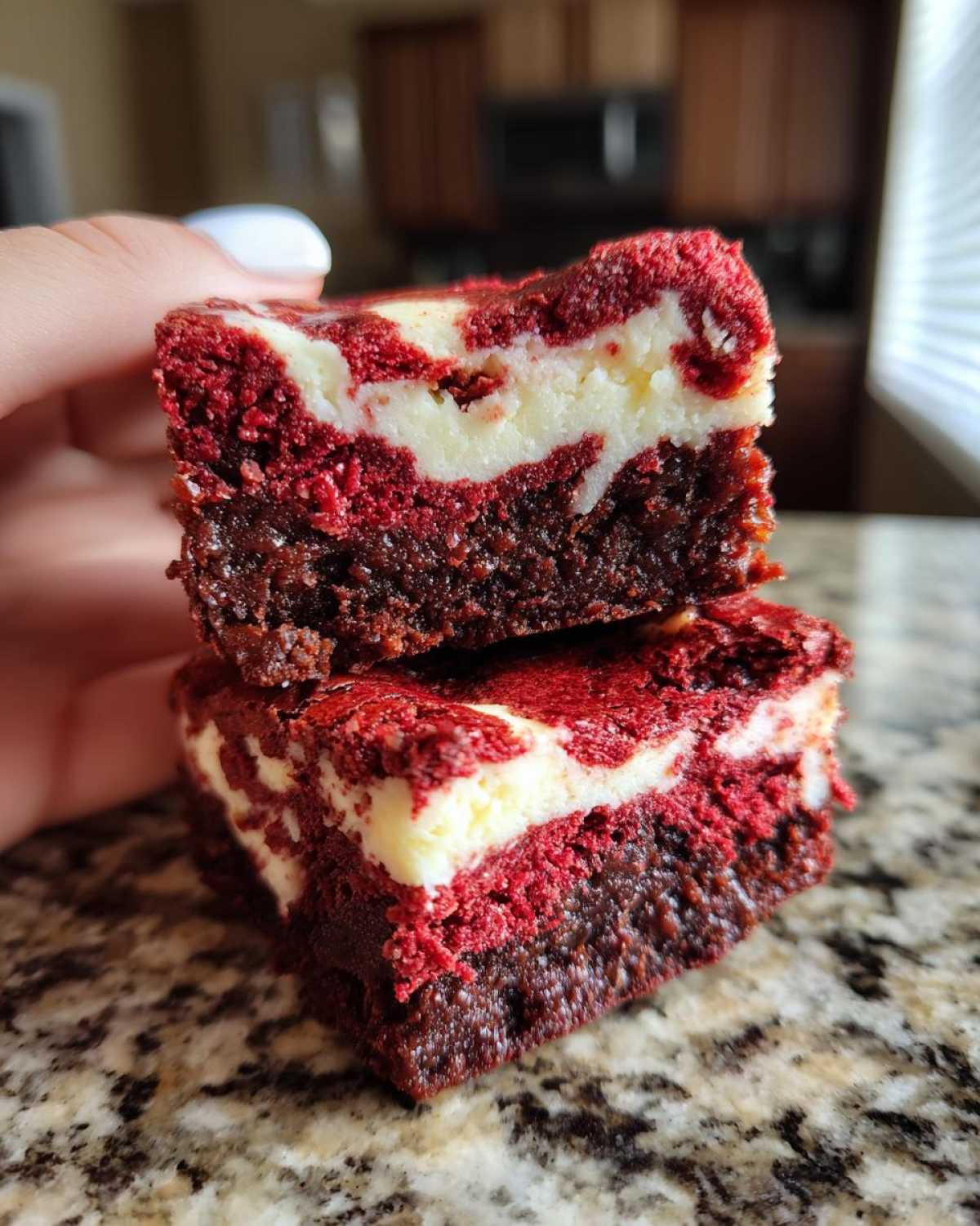 A hand holds up two stacked red velvet brownie bites showing the rich red cake and white cream cheese swirl topping.