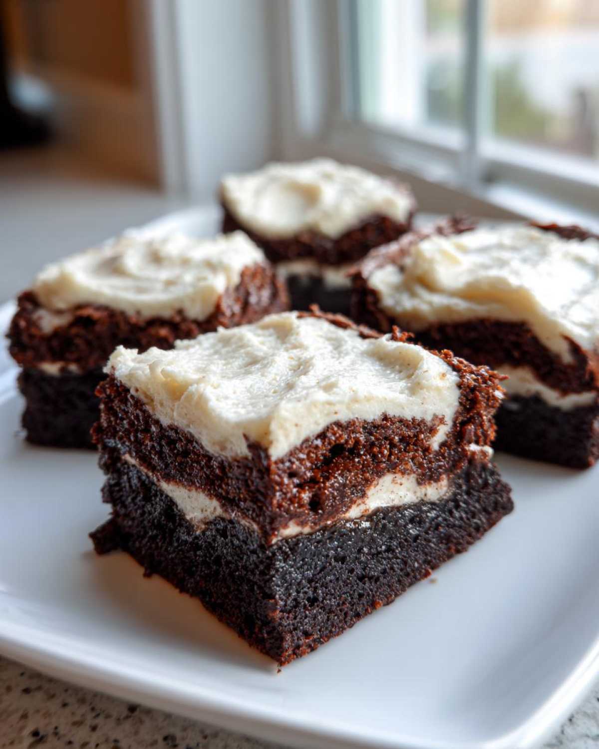 Close-up of stacked root beer float brownies with thick white frosting on a white plate.