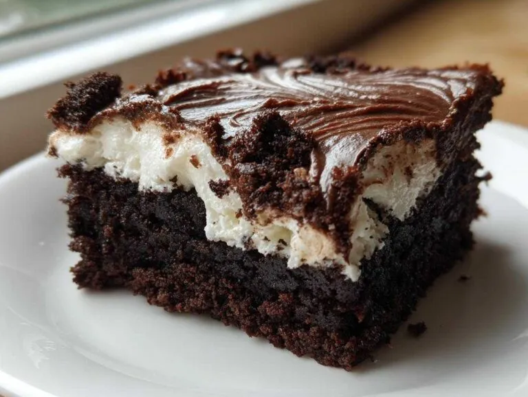 A decadent square of root beer float brownies featuring a dark chocolate base, white frosting layer, and chocolate glaze topping.