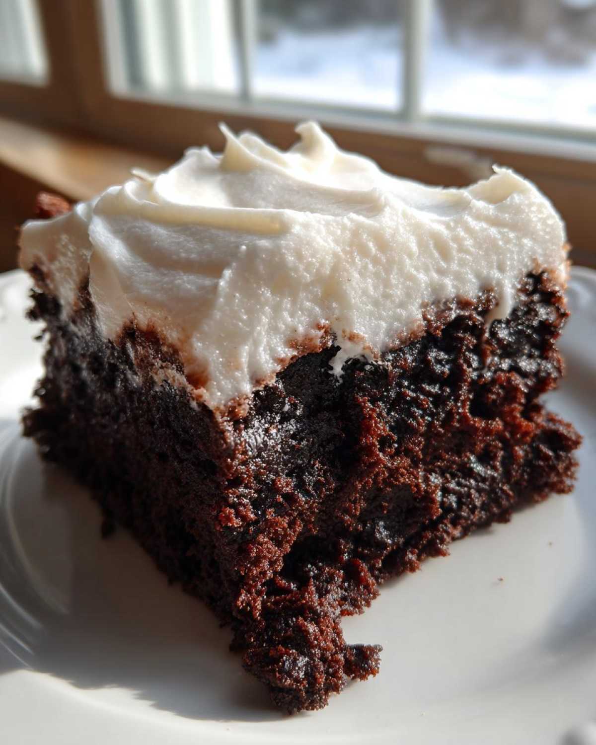 A close-up of a single slice of dark, moist root beer float brownies topped with thick white frosting.