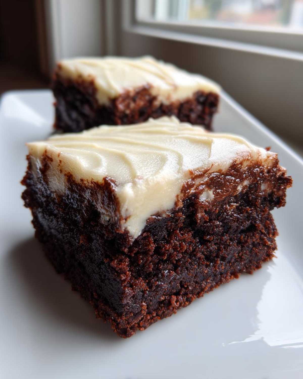 Two rich, fudgy root beer float brownies topped with a thick layer of white frosting, sitting on a white plate.