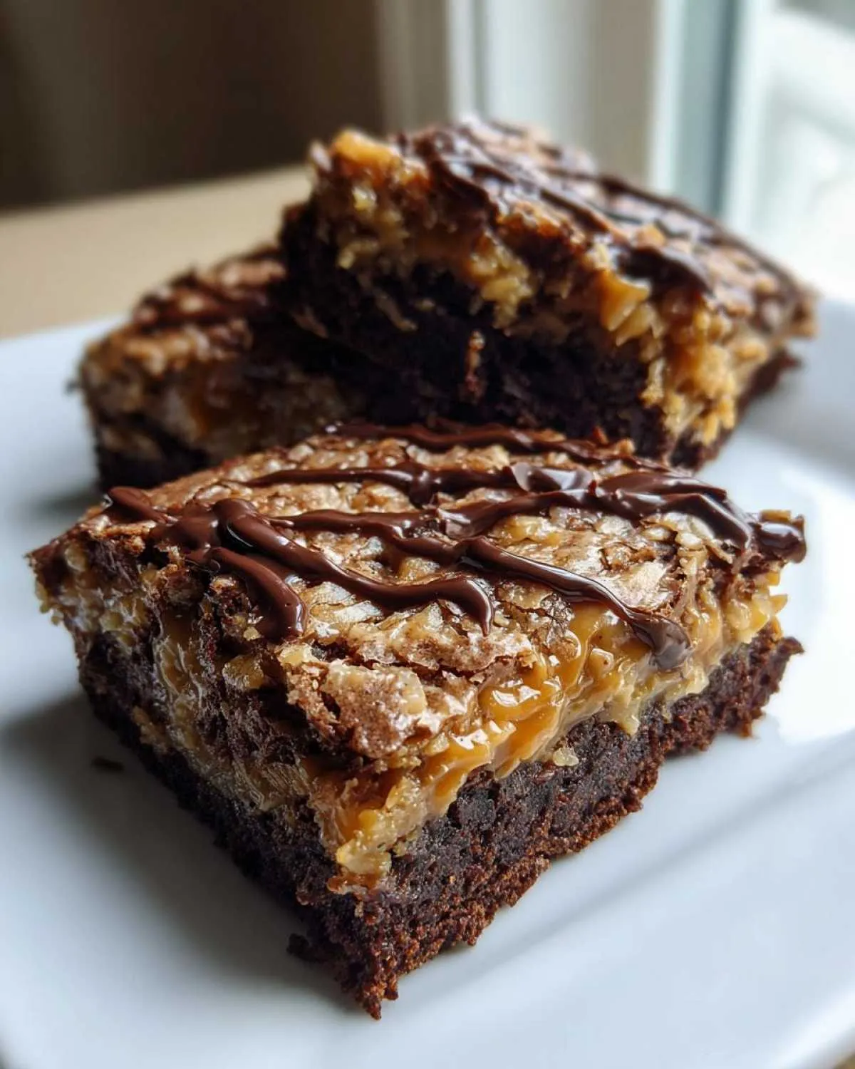 Close-up of a rich, layered Samoa brownies square topped with caramel, coconut, and a chocolate drizzle.