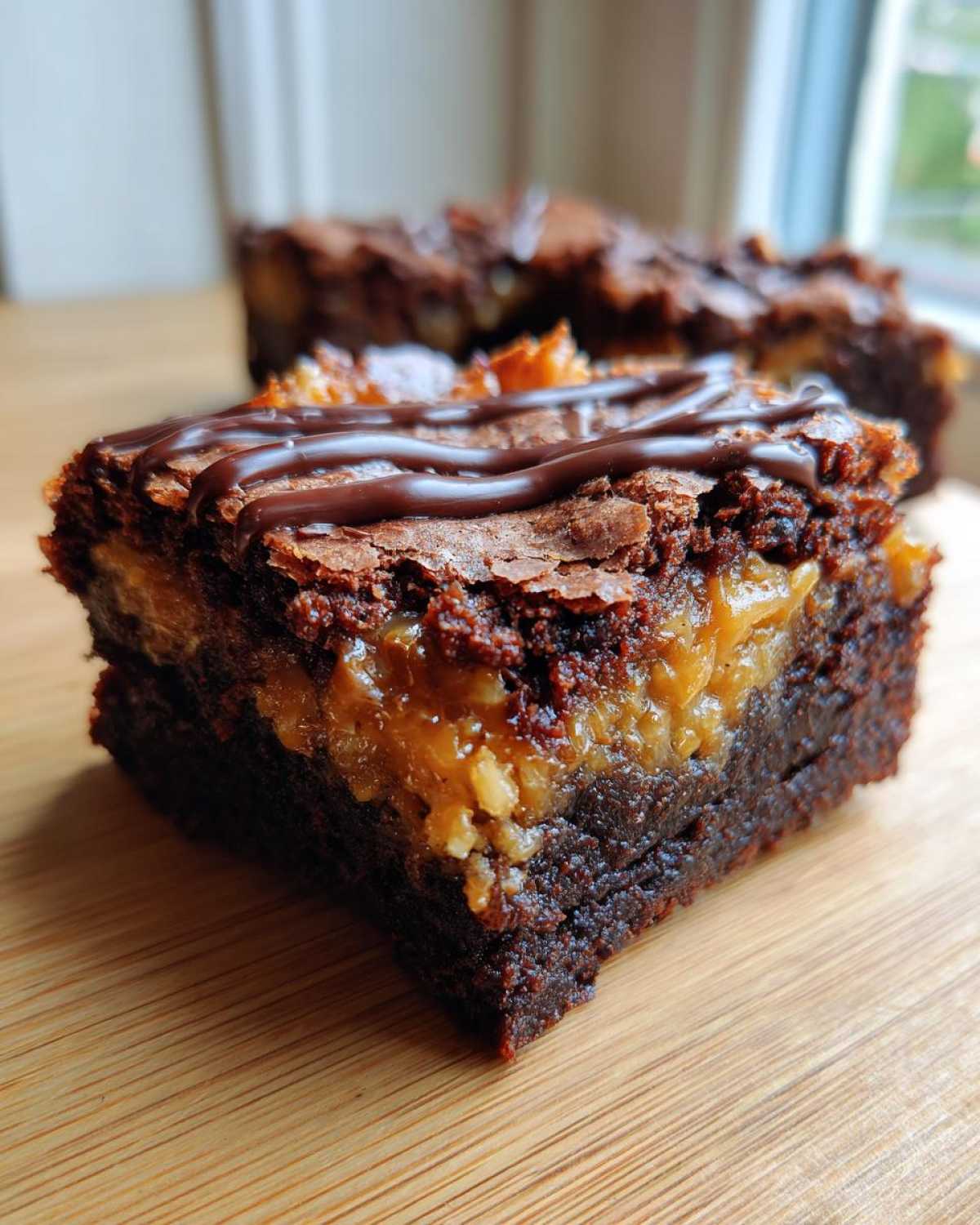 A close-up of a rich, fudgy square of Samoa brownies featuring a thick caramel layer and chocolate drizzle.