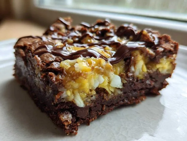 A rich, fudgy slice of Samoa brownies topped with coconut, caramel, and a chocolate drizzle.