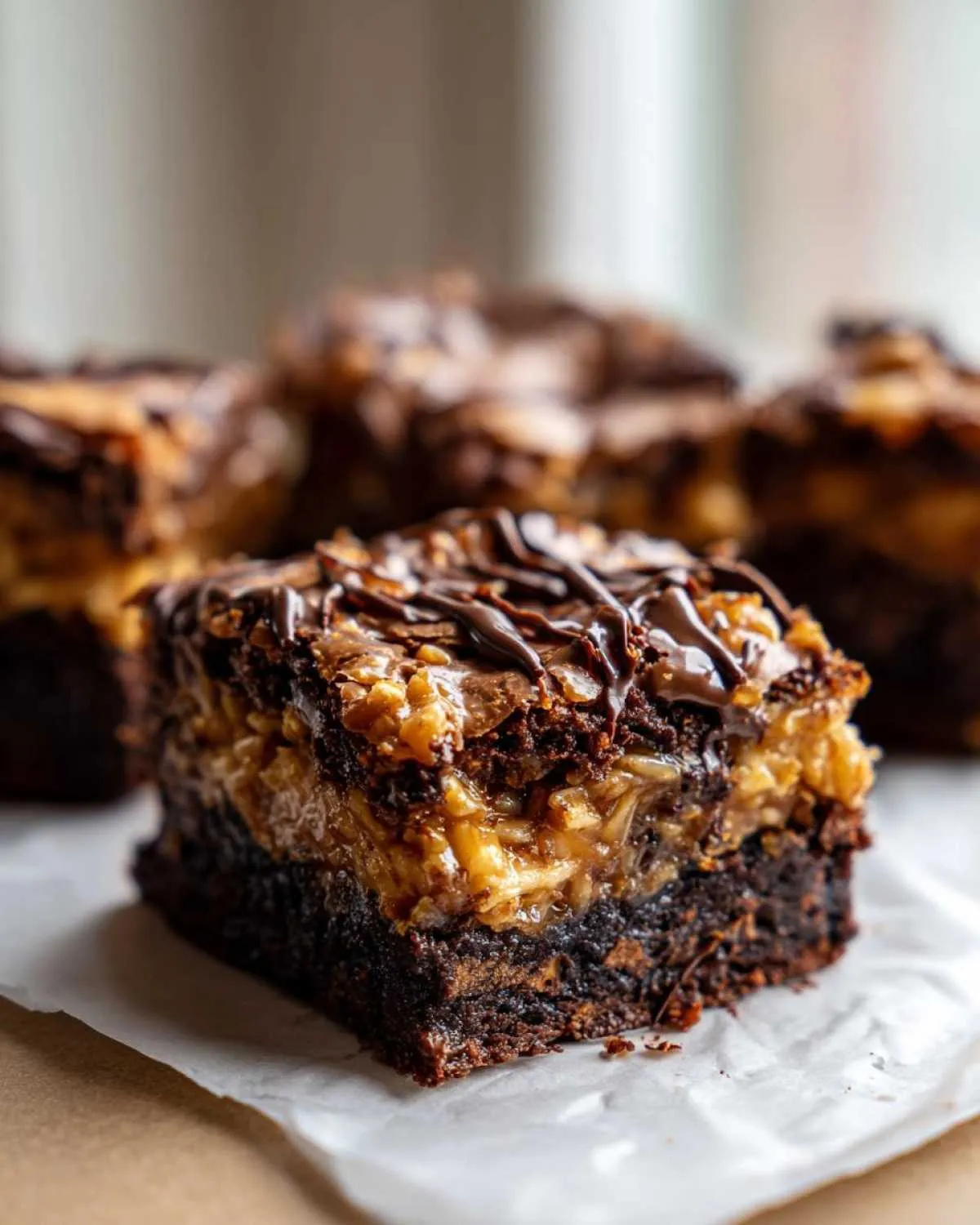 A single, thick square of Samoa brownies showing a dark chocolate base, a gooey caramel-coconut layer, and a chocolate drizzle topping.