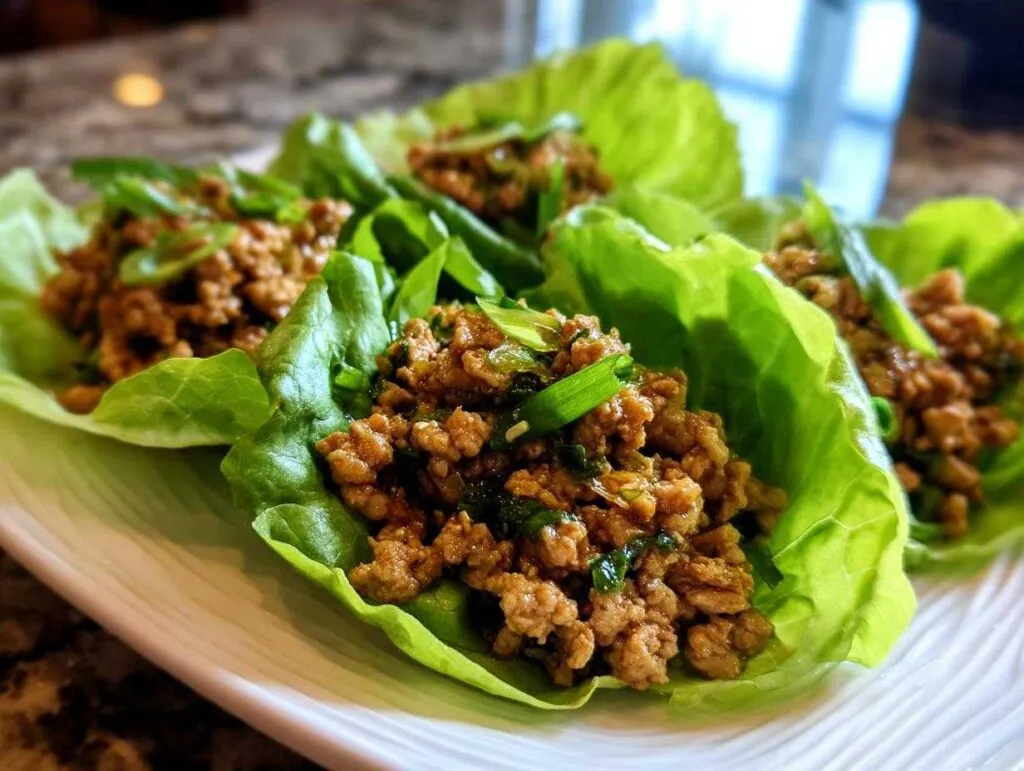 Close-up of savory chicken lettuce wraps filled with seasoned ground chicken and topped with green onions.