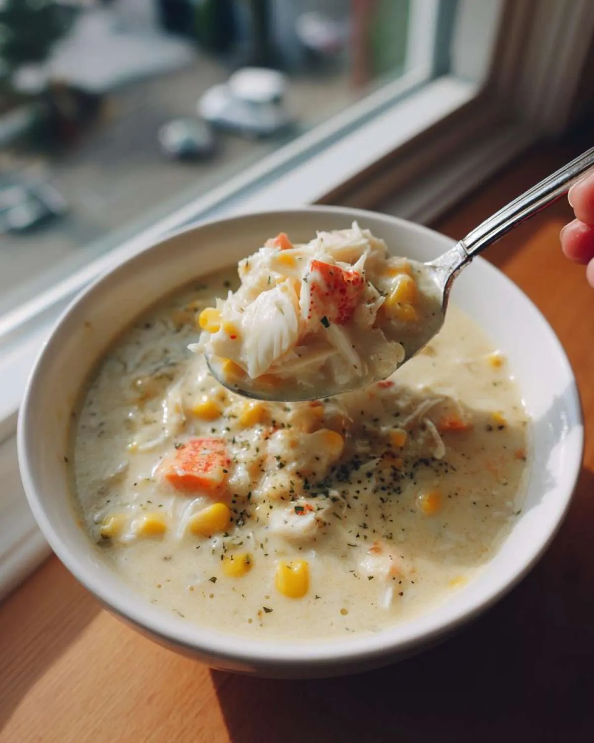 A spoonful of creamy crab and corn chowder, rich with white crab meat and yellow corn kernels, lifted from a white bowl.