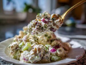A spoonful of creamy baked marinated chicken salad, rich with red onion and celery, being lifted from a white plate.