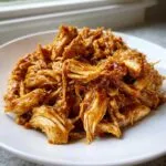 A close-up of shredded slow cooker honey mustard chicken coated in a glossy sauce, served on a white plate.
