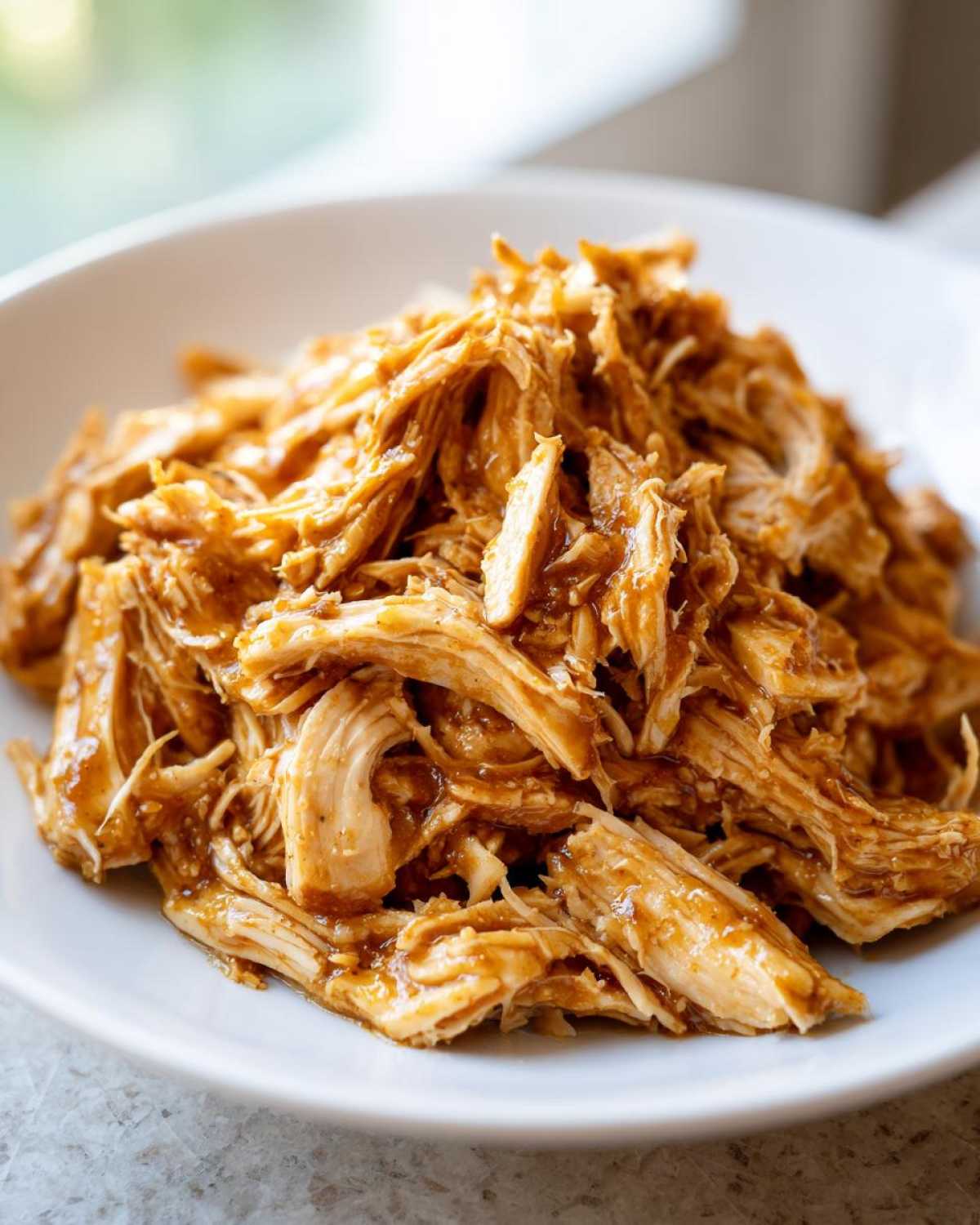 Close-up of perfectly shredded slow cooker honey mustard chicken coated in a glossy sauce, served in a white bowl.