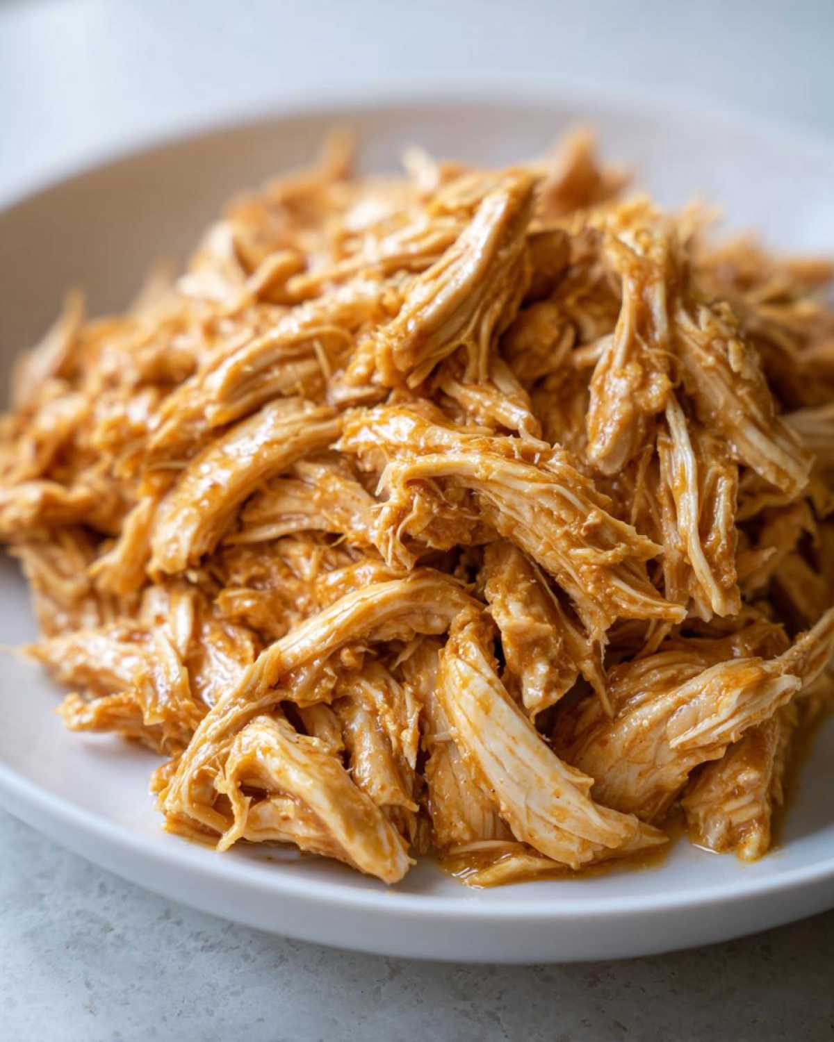 Close-up of perfectly shredded slow cooker honey mustard chicken coated in a savory sauce, served on a white plate.