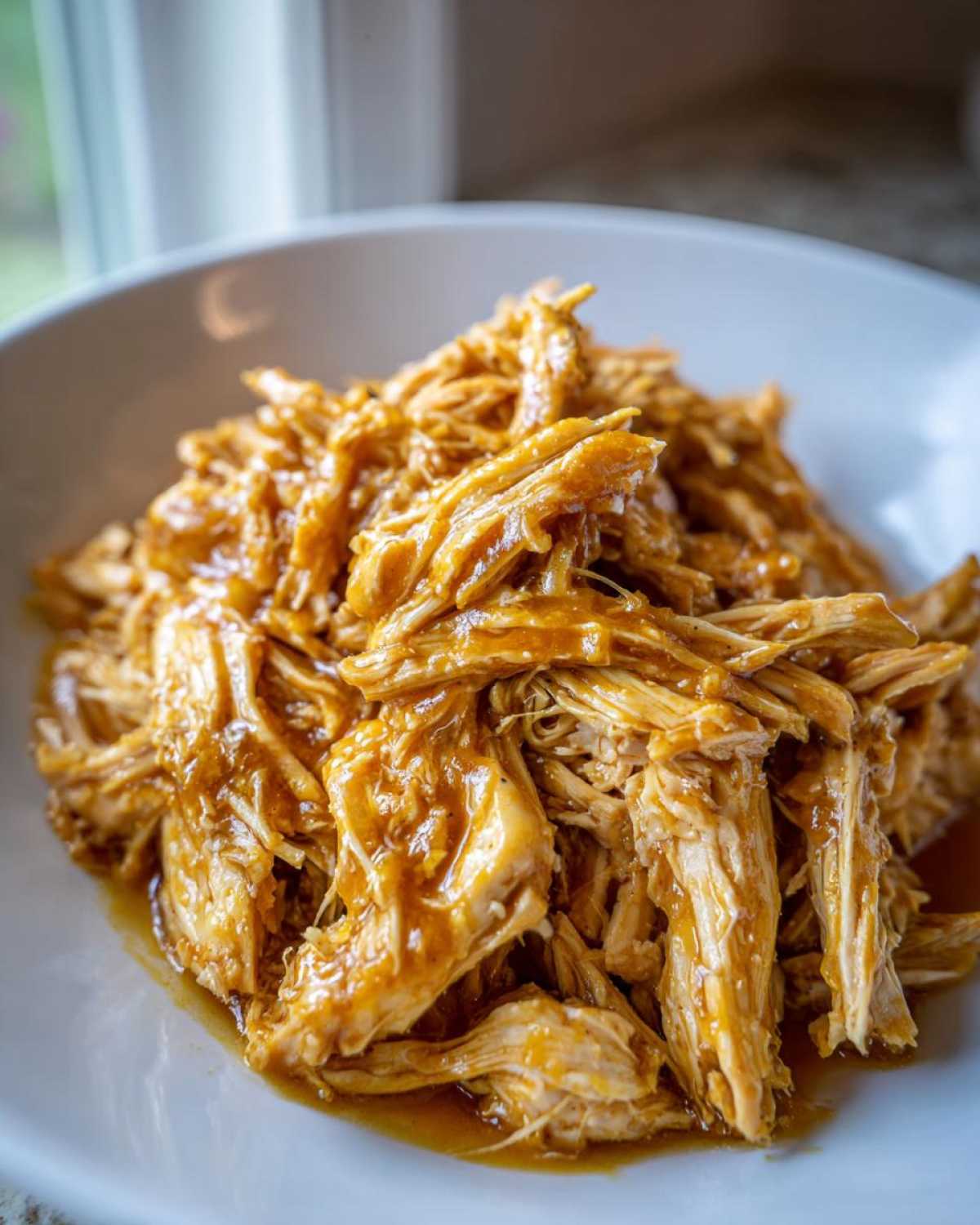 Close-up of shredded slow cooker honey mustard chicken coated in a thick, glossy sauce, served in a white bowl.