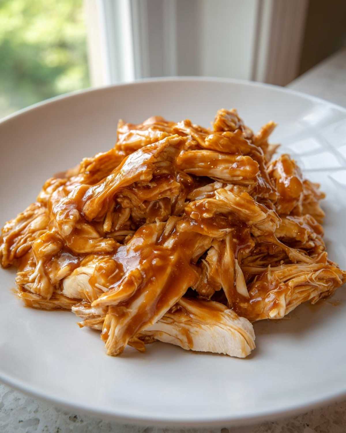 Close-up of shredded slow cooker honey mustard chicken coated in a glossy, savory sauce, served on a white plate.
