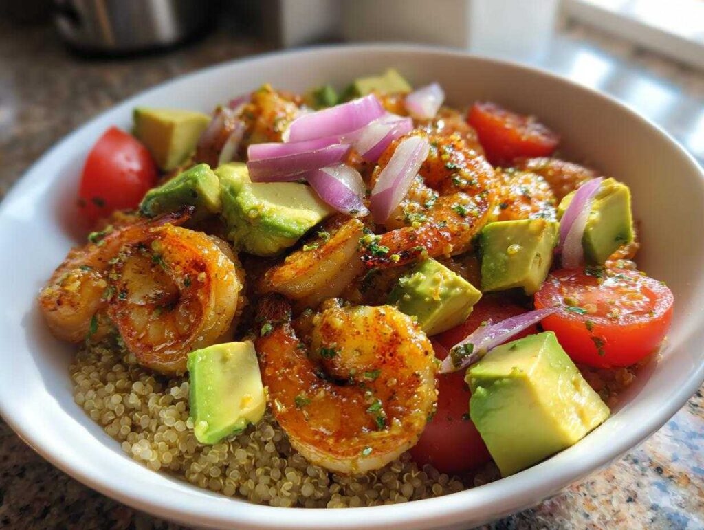 A close-up of a vibrant shrimp and avocado bowls featuring seasoned shrimp, diced avocado, cherry tomatoes, and red onion over a bed of quinoa.