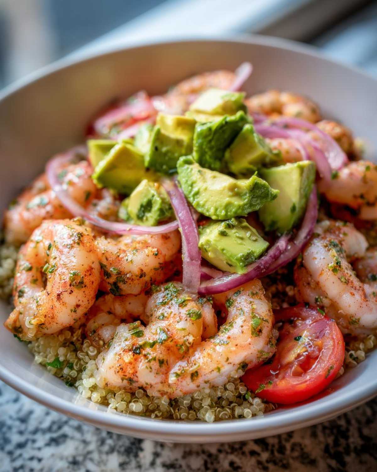 Close-up of a serving of shrimp and avocado bowls featuring seasoned shrimp, diced avocado, red onion, and tomato over quinoa.