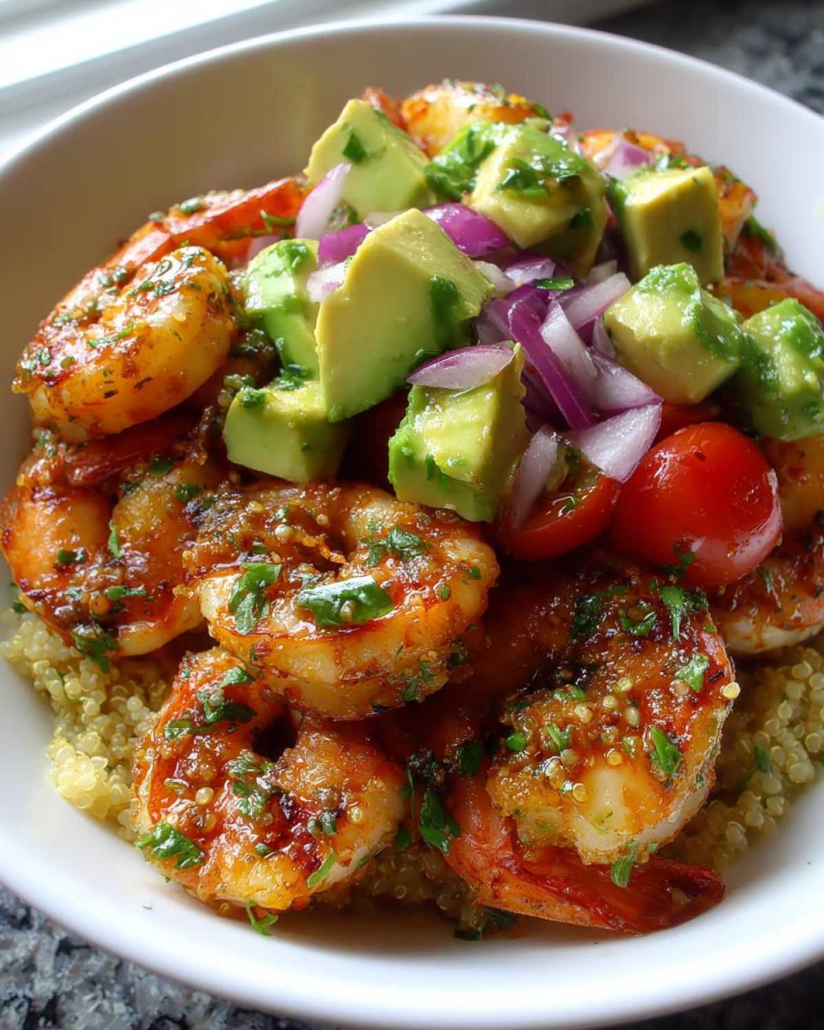 A close-up view of one of the shrimp and avocado bowls, featuring seasoned shrimp over quinoa topped with diced avocado and red onion.